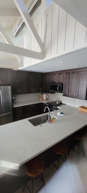 Dark-cabinet kitchen with a white quartz peninsula beneath a vaulted ceiling and painted trusses